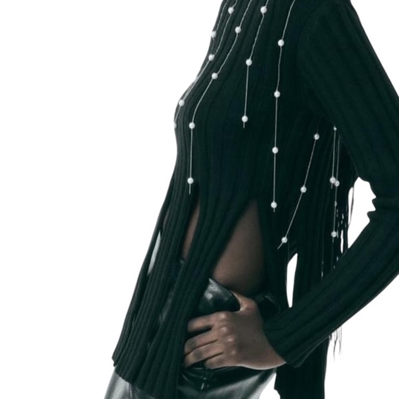 Zara Fringed Pearl Knit Wool Blend Sweater - Picture 6 of 16